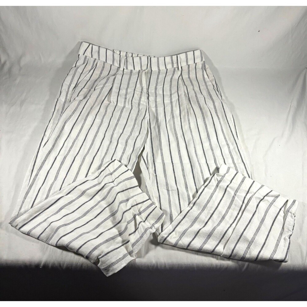 Old Navy Womens Petite PL White Blue Striped Linen Pleated Wide Leg Trouser